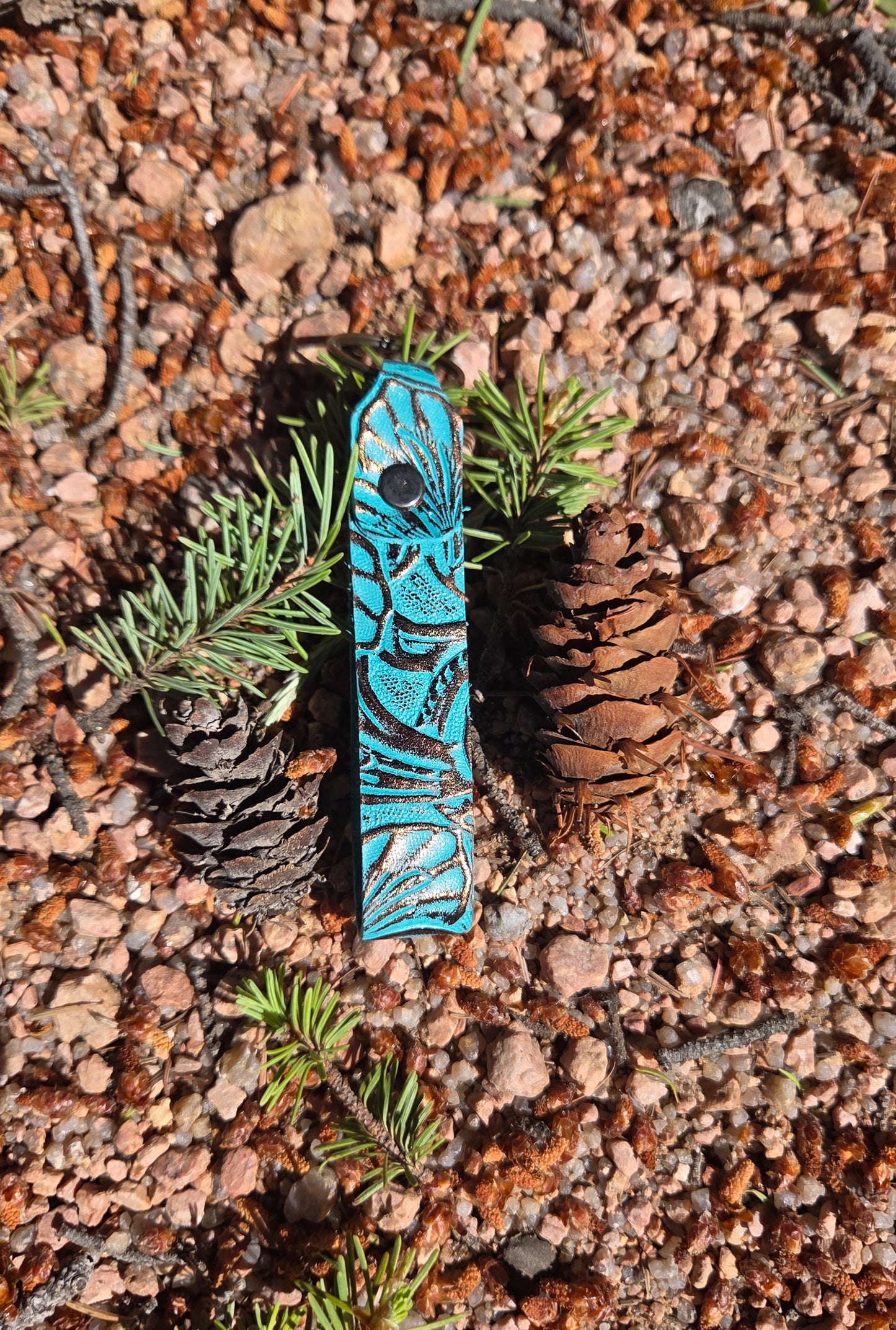 Embossed Copper/Turquoise Leather Keychain
